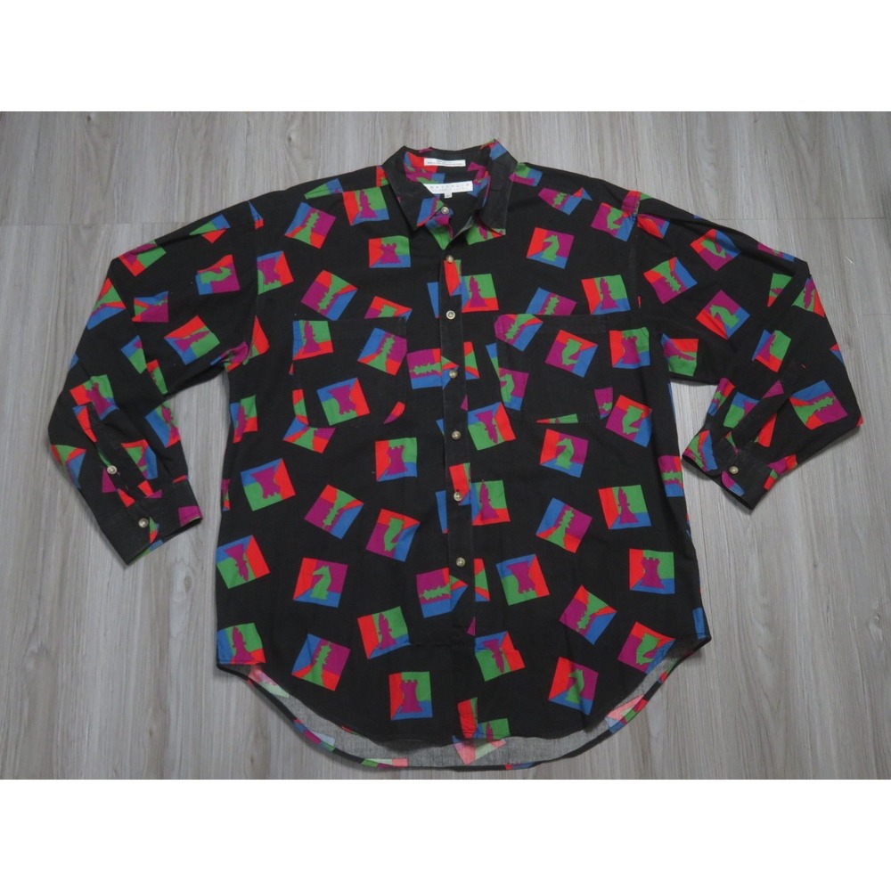 Vintage Portfolio By Perry Ellis Chess AOP All Over Print Button Shirt Crazy L
